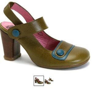 John Fluevog Sopranos Wilhelmina Olive Green Turquoise Heels - US 11